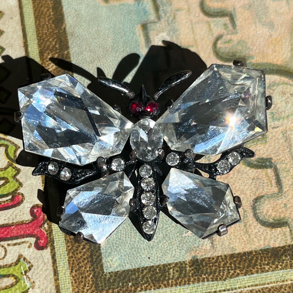 Spectacular signed Weiss Jappaned black Heliotrope crystal mirror butter…